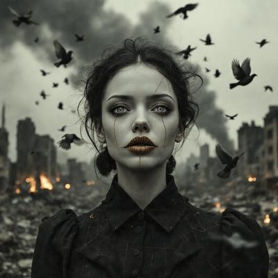The primary subject of the image is a woman with a clown-like appearance, wearing a black dress and makeup. She is surrounded by a large number of birds, which are flying around her. The setting appears to be a post-apocalyptic environment, with the woman standing in the midst of rubble and destruction. The visual style of the image is a combination of photo and digital art, creating a surreal and eerie atmosphere. The dominant colors in the image are black and grey, with the birds adding a